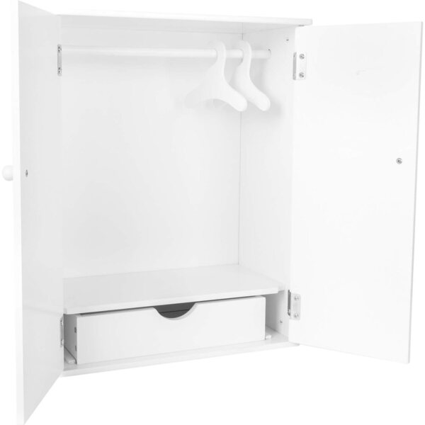 bamboleschrank in legno bianco con accessori, armadio per bambole con gruccia e cassetto