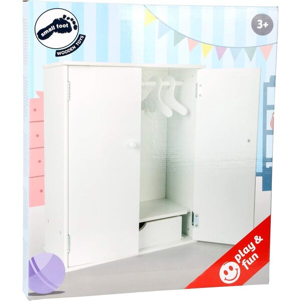 bamboleschrank in legno bianco con accessori, armadio per bambole con gruccia e cassetto
