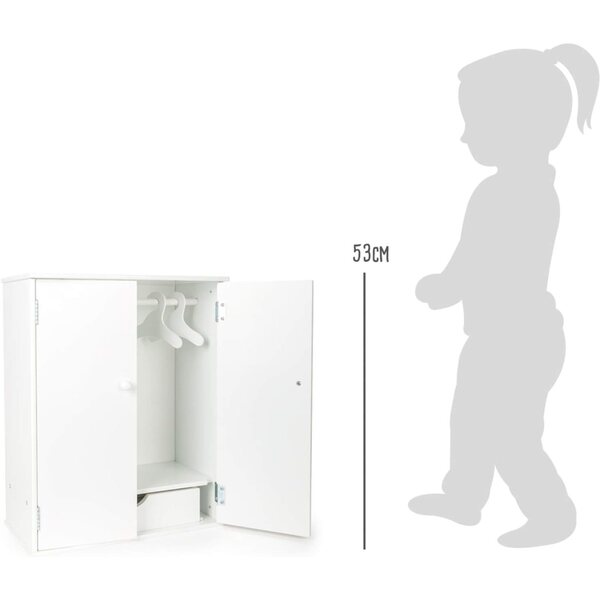 bamboleschrank in legno bianco con accessori, armadio per bambole con gruccia e cassetto