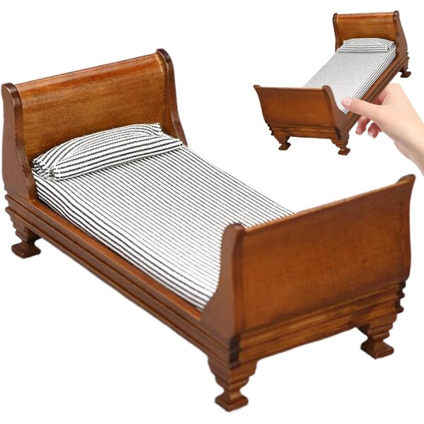 Letto Vintage per Casa delle Bambole 1:12 con Materasso e Cuscino in Legno
