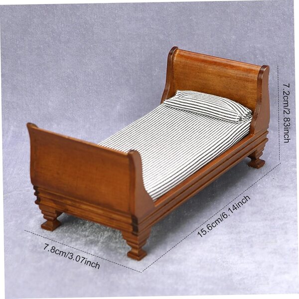 Letto Vintage per Casa delle Bambole 1:12 con Materasso e Cuscino in Legno