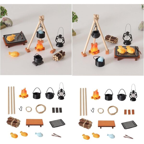 Miniatur-Campingset 1:12 mit Minigrill und künstlichem Feuer für Puppenhäuser