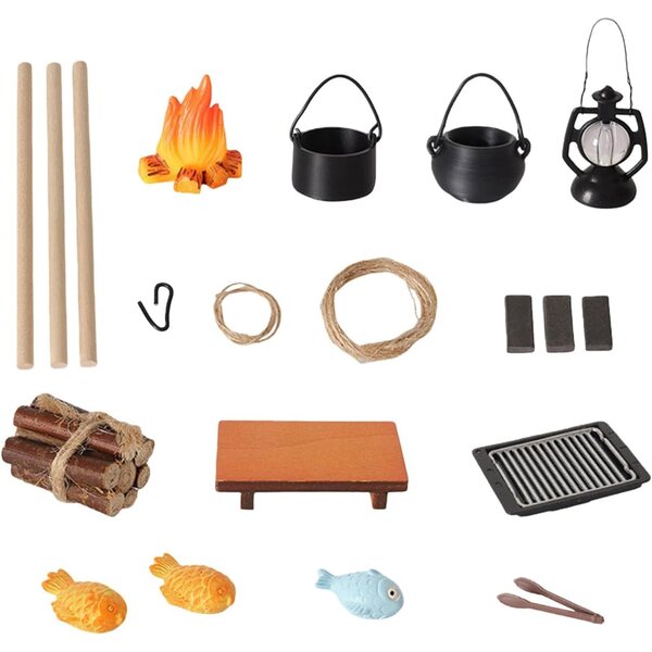 Miniatur-Campingset 1:12 mit Minigrill und künstlichem Feuer für Puppenhäuser