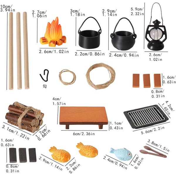 Miniatur-Campingset 1:12 mit Minigrill und künstlichem Feuer für Puppenhäuser
