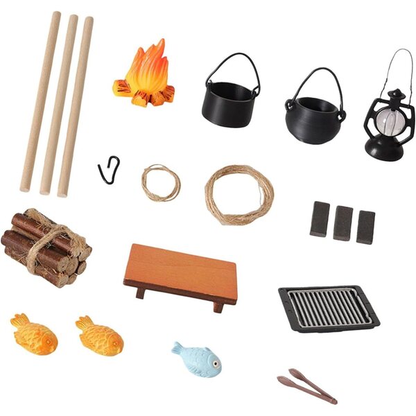 Miniatur-Campingset 1:12 mit Minigrill und künstlichem Feuer für Puppenhäuser