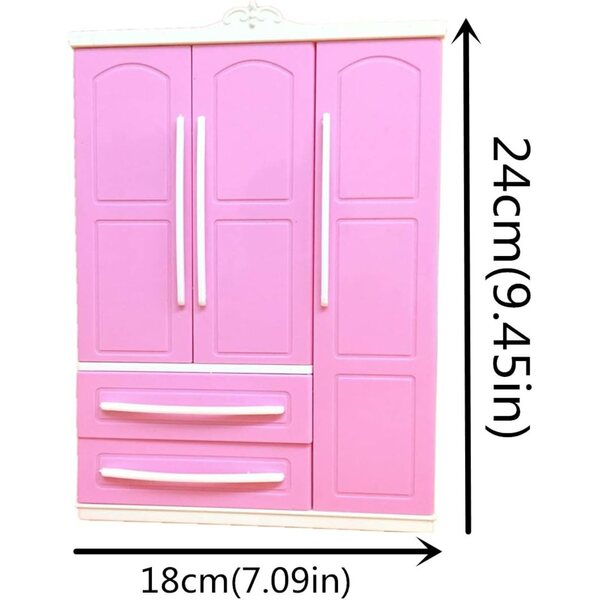 Armadio rosa moderno 3 ante per gioco con accessori Barbie e bambole