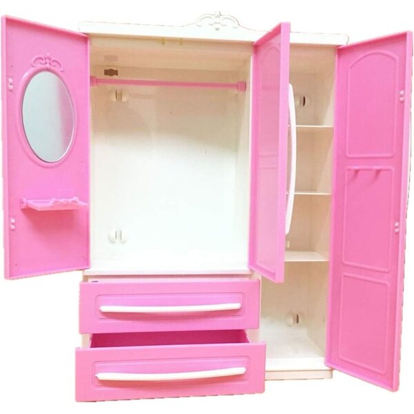 Armadio rosa moderno 3 ante per gioco con accessori Barbie e bambole