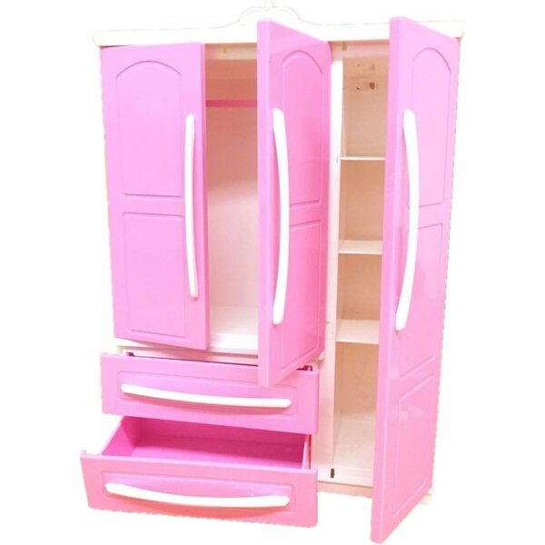 Armadio rosa moderno 3 ante per gioco con accessori Barbie e bambole