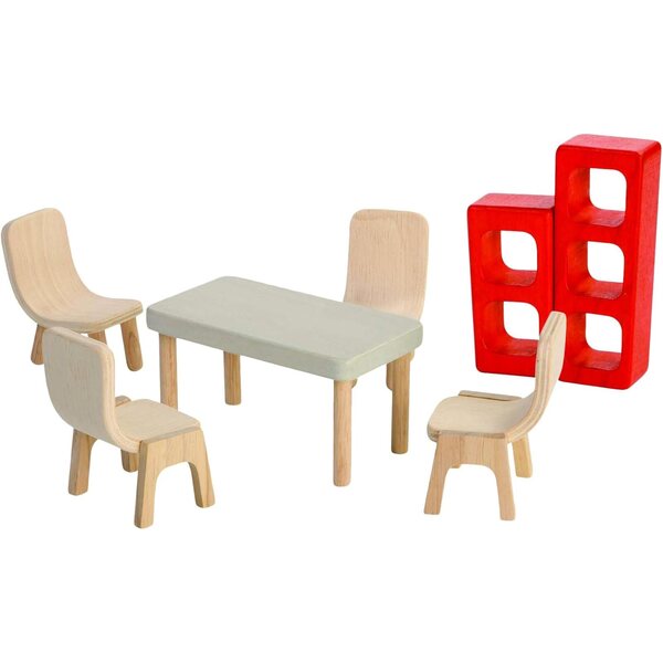 Plan Toys Esszimmer set con tavolo, 4 sedie e ripiani, per case di bambole