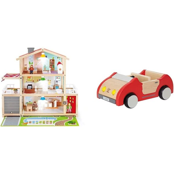 Hape bambole-Villa in Legno con 6 Stanze e Accessori + Auto Famiglia in Legno