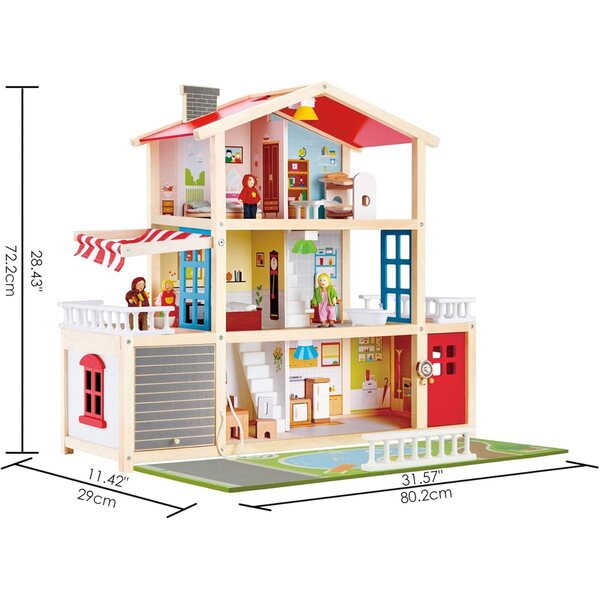 Hape bambole-Villa in Legno con 6 Stanze e Accessori + Auto Famiglia in Legno