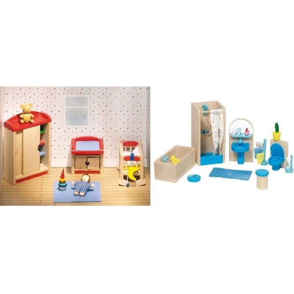 Goki mobili per casa delle bambole: cameretta 12pz e Badezimmer 17pz in legno
