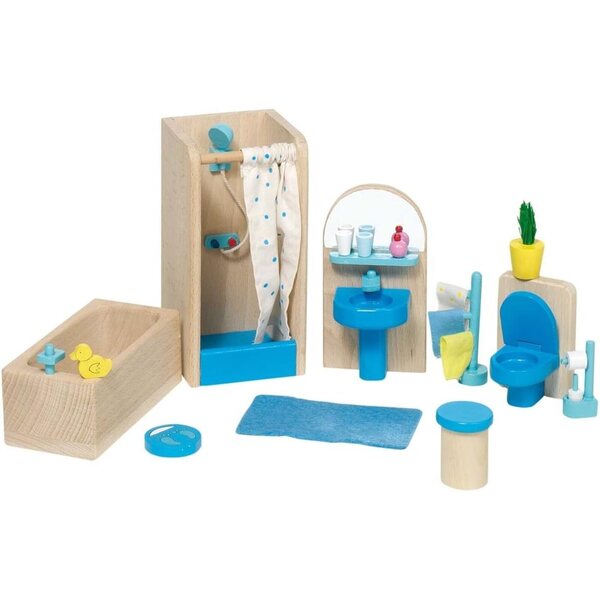 Goki mobili per casa delle bambole: cameretta 12pz e Badezimmer 17pz in legno