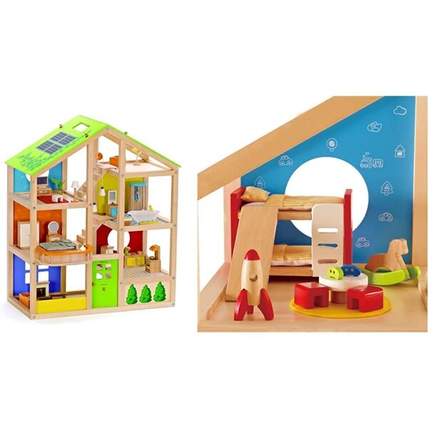 Hape casa delle bambole Vierjahreszeiten con mobili e accessori in legno sostenibile