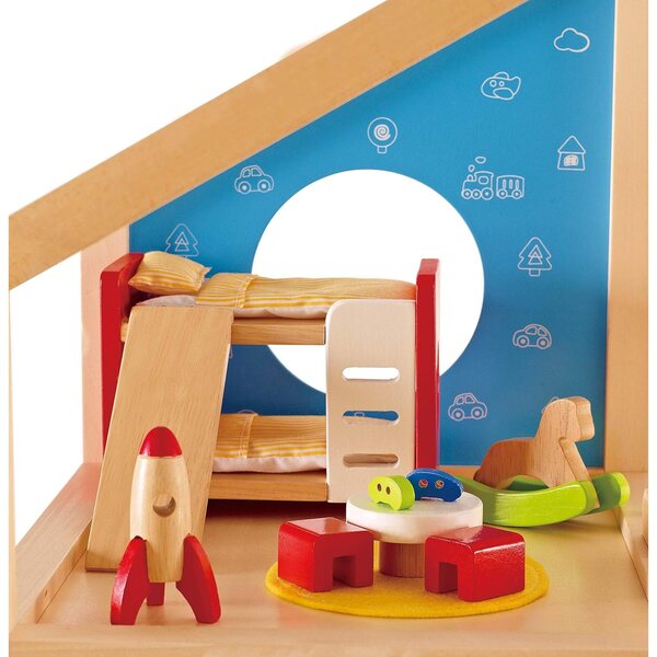 Hape casa delle bambole Vierjahreszeiten con mobili e accessori in legno sostenibile