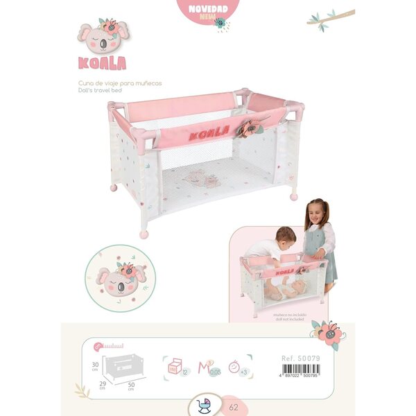 Lettino Da Viaggio Koala De Cuevas Toys per Bambole 30x50x29 cm Pieghevole