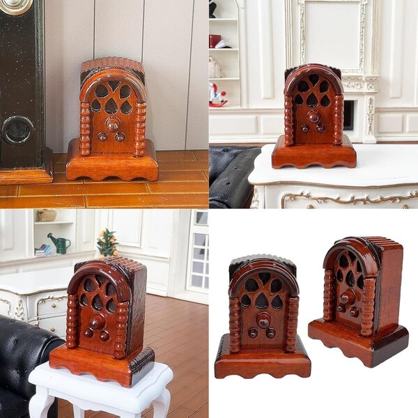 Antikes Miniradio aus Holz im Maßstab 1:12 für Puppenhaus und Sammlung