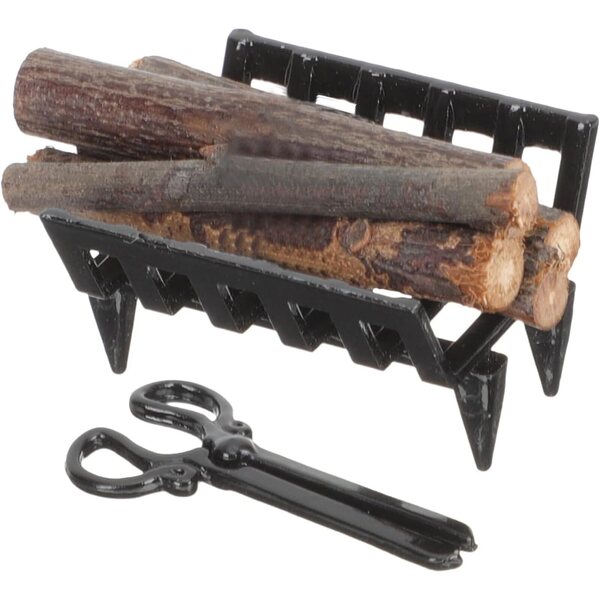 1:12 Miniatur-Kamin-Set mit Holz, Holzhalter und Zange für Puppenhäuser