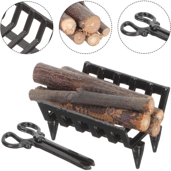 1:12 Miniatur-Kamin-Set mit Holz, Holzhalter und Zange für Puppenhäuser
