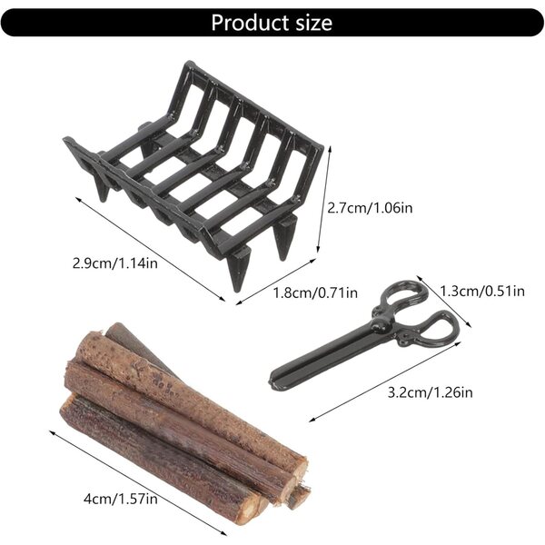1:12 Miniatur-Kamin-Set mit Holz, Holzhalter und Zange für Puppenhäuser