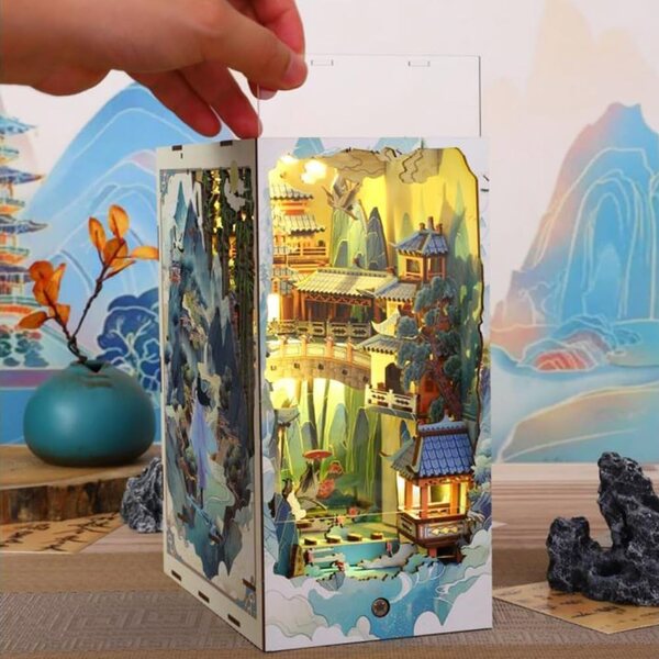 DIY-Buchecken-Set aus Holz mit LED-Lichtern – japanisches Mini-3D-Haus für Buchliebhaber