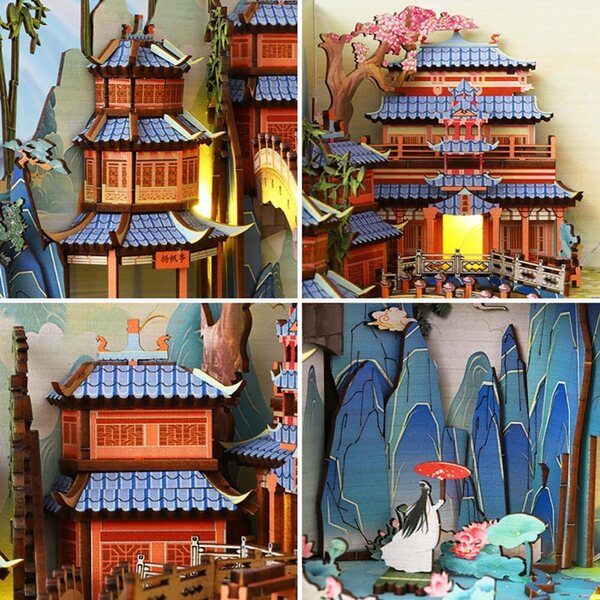 DIY-Buchecken-Set aus Holz mit LED-Lichtern – japanisches Mini-3D-Haus für Buchliebhaber