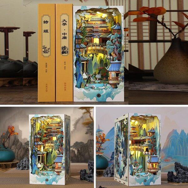 DIY-Buchecken-Set aus Holz mit LED-Lichtern – japanisches Mini-3D-Haus für Buchliebhaber