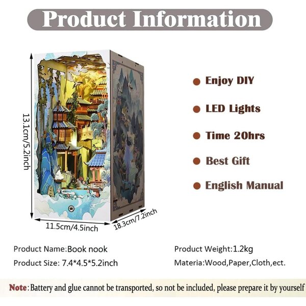 DIY-Buchecken-Set aus Holz mit LED-Lichtern – japanisches Mini-3D-Haus für Buchliebhaber