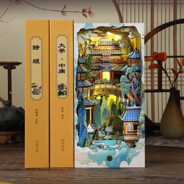 DIY-Buchecken-Set aus Holz mit LED-Lichtern – japanisches Mini-3D-Haus für Buchliebhaber