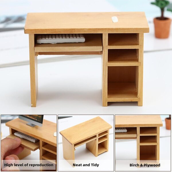 1:12 Vintage Mini-Computertisch aus Holz für Puppenhaus und Dekorationen