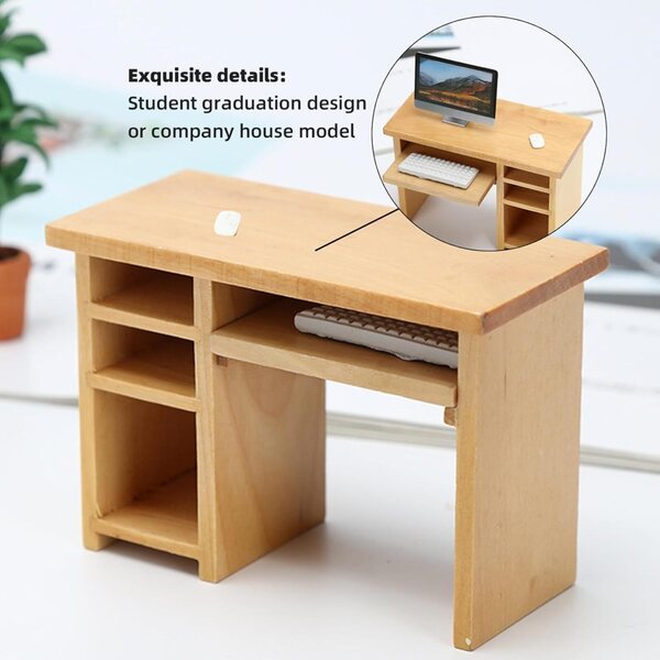 1:12 Vintage Mini-Computertisch aus Holz für Puppenhaus und Dekorationen