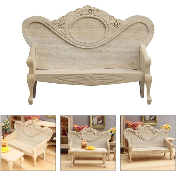 Unbemaltes Puppenhaus-Miniatursofa und Stuhl aus Holz im Retro-Stil im Maßstab 1:12