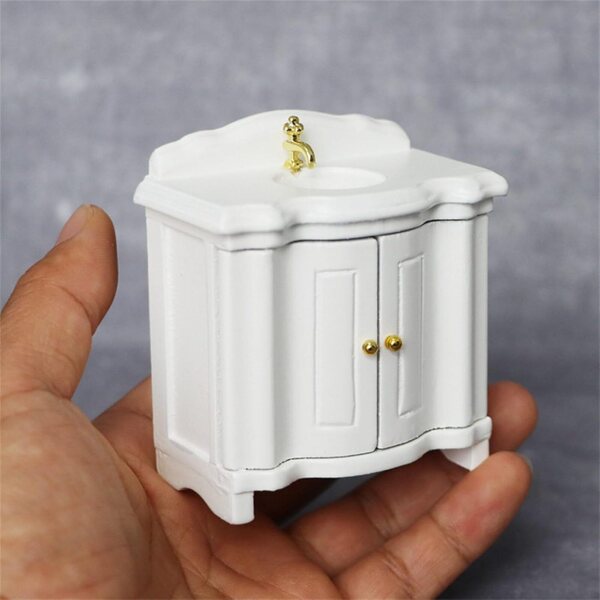 Miniatur-Waschbeckenschrank aus weißem Holz 1:12 für Vintage-Puppen und Dekorationen