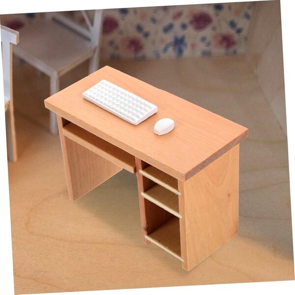 Scrivania in miniatura con tastiera e mouse per casa delle bambole in kaki - Accessorio Vintage in Legno
