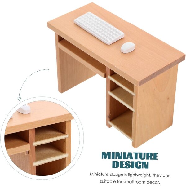 Scrivania in miniatura con tastiera e mouse per casa delle bambole in kaki - Accessorio Vintage in Legno