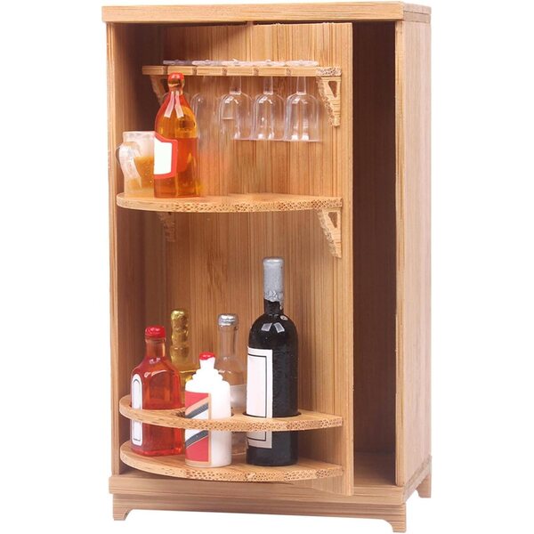 Puppenhaus-Miniatur-Weinschrank mit Flaschen und Gläsern in realistischer Holzoptik