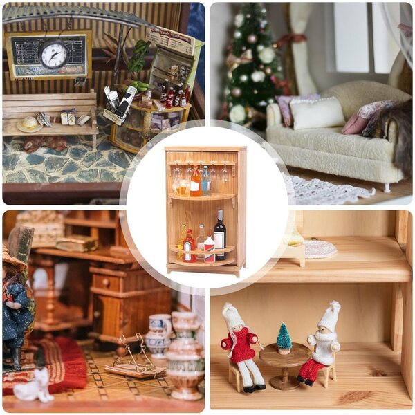 Puppenhaus-Miniatur-Weinschrank mit Flaschen und Gläsern in realistischer Holzoptik