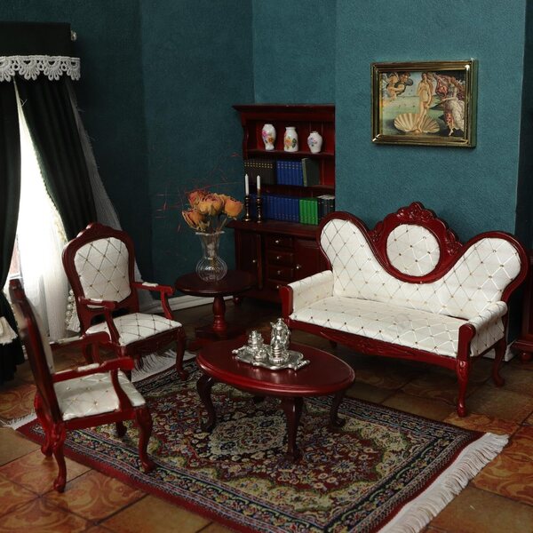 iLAND Set mobili miniatura vittoriano 1:12 vintage per soggiorno, 8 pezzi rosso e bianco