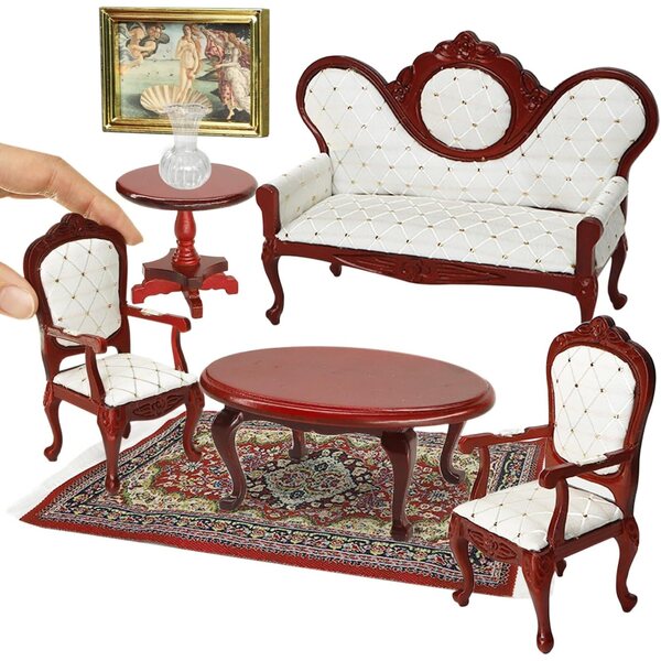 iLAND Set mobili miniatura vittoriano 1:12 vintage per soggiorno, 8 pezzi rosso e bianco