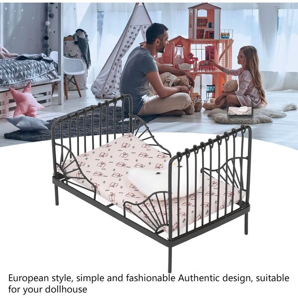 Pilipane Miniaturbett 1:12 in Metallo con Stoffa, Cuscino e Materasso Decorativo