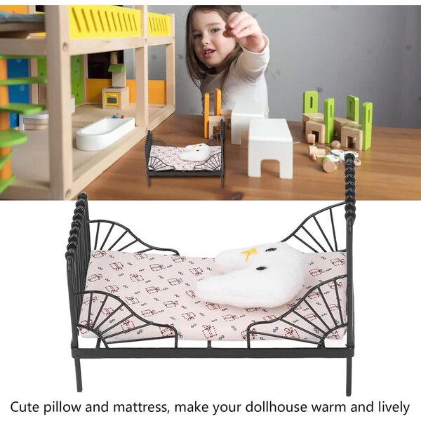 Pilipane Miniaturbett 1:12 in Metallo con Stoffa, Cuscino e Materasso Decorativo