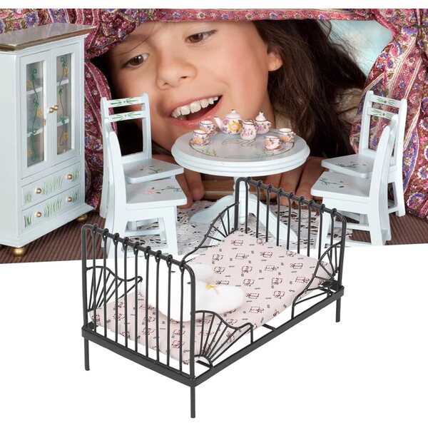 Pilipane Miniaturbett 1:12 in Metallo con Stoffa, Cuscino e Materasso Decorativo