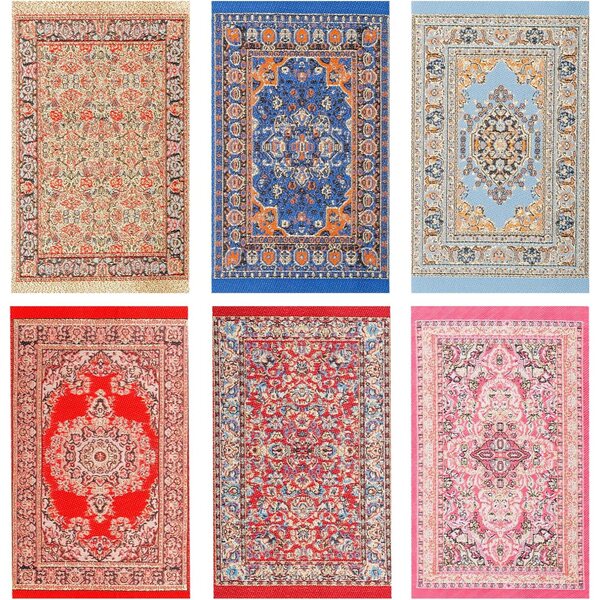 Set 6 Miniature Tappeti Vintage con Motivi Floreali per Casa Miniatura 15,7x9,9 cm