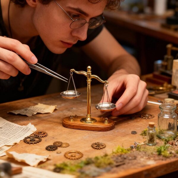 Miniatur-Vintage-Waage aus Holz und Metall für Dekorationen und Lernspiele