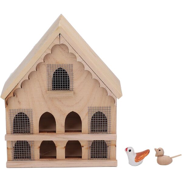 1:12 Holzvogelhaus für Puppenhaus mit 2 Vögeln und Aufkleber