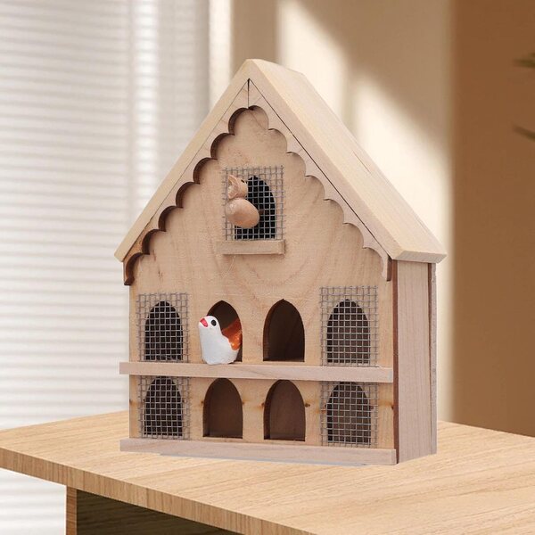 1:12 Holzvogelhaus für Puppenhaus mit 2 Vögeln und Aufkleber