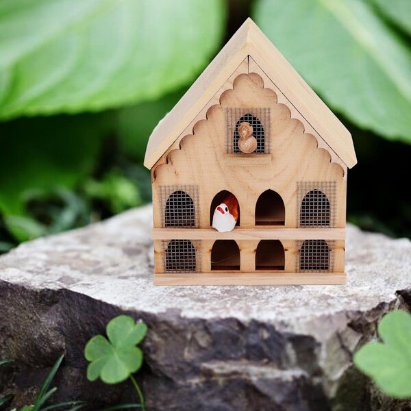 1:12 Holzvogelhaus für Puppenhaus mit 2 Vögeln und Aufkleber