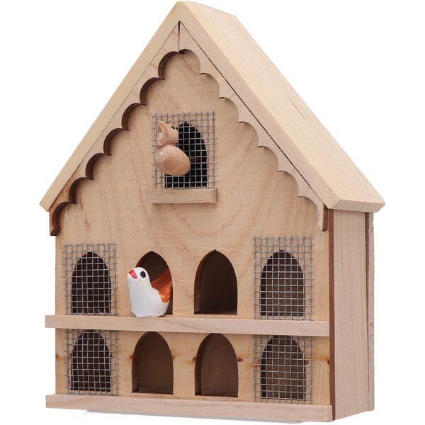 1:12 Holzvogelhaus für Puppenhaus mit 2 Vögeln und Aufkleber
