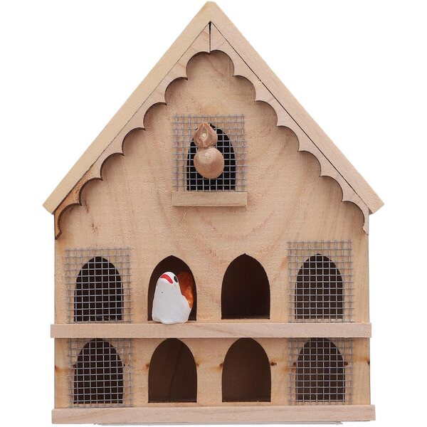 1:12 Holzvogelhaus für Puppenhaus mit 2 Vögeln und Aufkleber