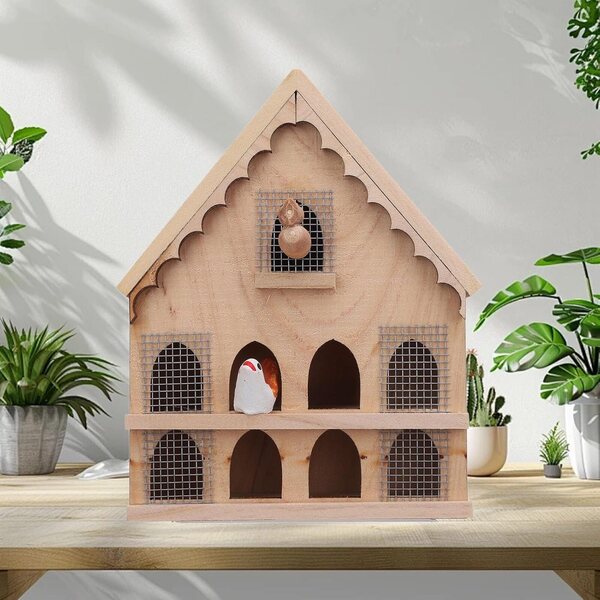 1:12 Holzvogelhaus für Puppenhaus mit 2 Vögeln und Aufkleber